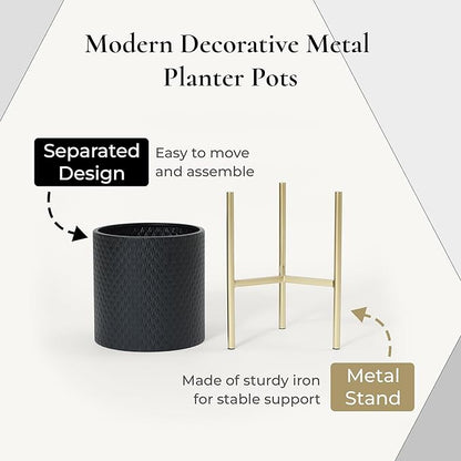 LuxenHome 2-Piece Diamond Pattern Round Metal Cachepot Planter Set, Black Planter with Gold Stands Set of 2 Indoor Plant Pots Large Floor Plant Pot for Plants, NOT Waterproof