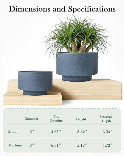 Succulent Pots, 8 Inch + 6 Inch Plant Pots for Plants with Drainage Hole, Indoor Outdoor Ceramic Planter, Set of 2 Round Flower Pots for Succulent and Plants, Blue