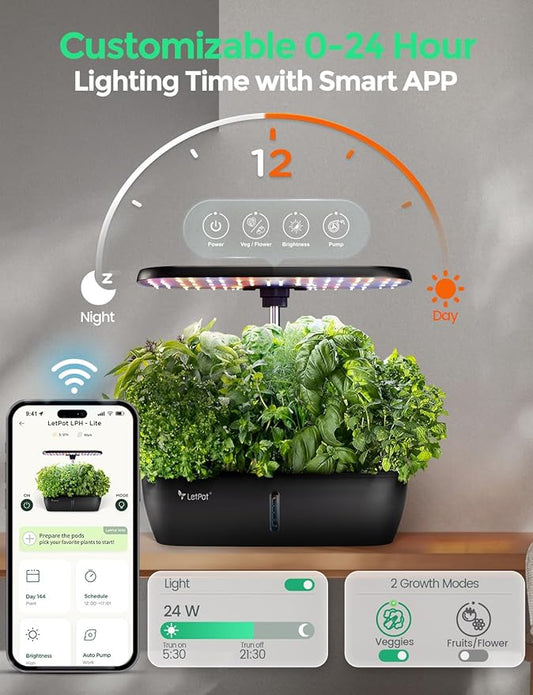 LETPOT LPH-Lite Hydroponics Growing System, 12 Pods Smart Herb Garden Kit Indoor, Indoor Garden, APP & WiFi Controlled, with 24W Growing LED, 5.5L Water Tank, Pump System, Automatic Timer