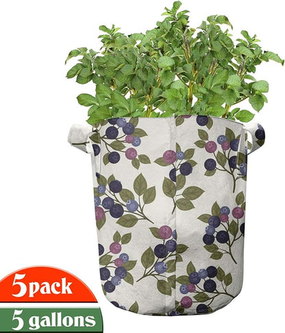 Lunarable Berries Grow Bags 5-Pack, Vintage Garden Branches, Heavyduty Fabric Pots with Handles for Plants, Ivory Purple