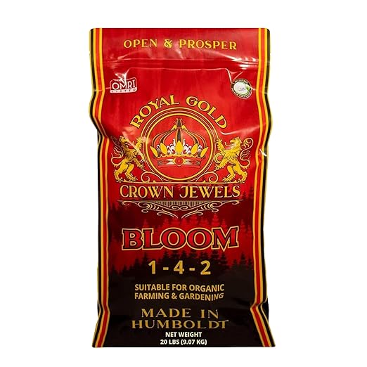 Royal Gold Crown Jewels Organic Bloom 1-4-2 Dry Soluble Fertilizer, 20 lbs - for Feeding Flowering Crops to Produce Vigorous Blossoms and Optimal Plant Development