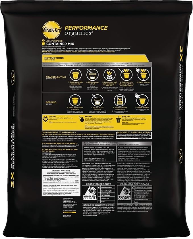 Miracle-Gro Performance Organics All Purpose Container Mix - Organic and Natural Plant Soil, Feed for Up to 3 Months, For Vegetables, Flowers, and Herbs, Use in Indoor and Outdoor Containers, 1 cu. Ft