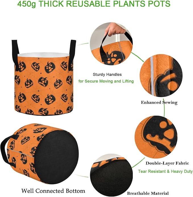 10 Gallon Pumpkins Spider Web Halloween Heavy Duty Grow Bag Breathable Planter Pot Containers with Handles for Potato Tomato Fruits Vegetables Flowers