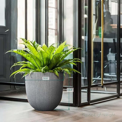 14.8" Tall Round Tapered Planter - Gray Faux Cement Finish, Lightweight Durable Plastic Plant Pot with Drainage Hole & Plug, Weather & UV Resistant Pot for Plants Indoor/Outdoor Use, 12.5" Opening