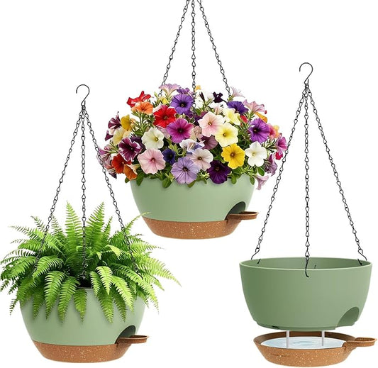 Set of 3-10 Inch Self Watering Hanging Planters for Indoor & Outdoor，Hanging Plant Pots with Drainage & Removable Tray, Hanging Pots Holder for Ivy, Ferns, Balcony & Patio, Green and Brown