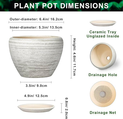 6 Inch Flower Pots - Ceramic Planters for Indoor Outdoor Plants, Ceramic Plant Pots with Drainage Hole and Saucer, Modern Round Plant Pot, Desk Decor, Gifts for Gardener, Textured Grey