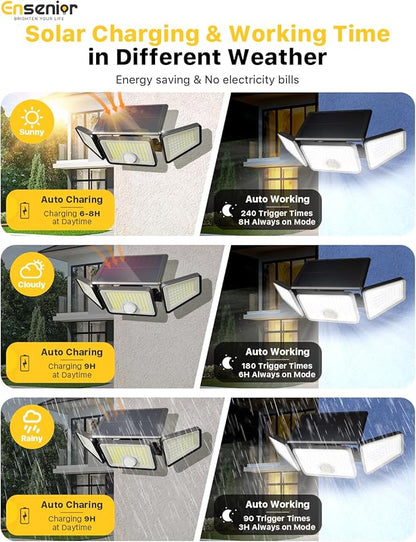 Ensenior Solar Lights Outdoor Motion Sensor, 220 LED High Brightness, 3 Head 270° Wide Angle Flood Lights, Remote Control Security Lights with 4 Modes, IP65 Waterproof Wireless Wall Light, 2 Pack