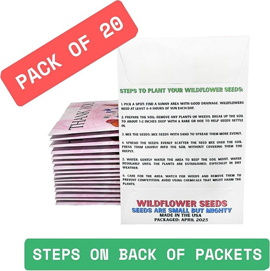 Wildflower Seed Packets Thank You Bunches Party Favors (Pack of 20) - Express Gratitude with a Wildflower Seed Mix, Great Addition or Alternative to Thank You Cards