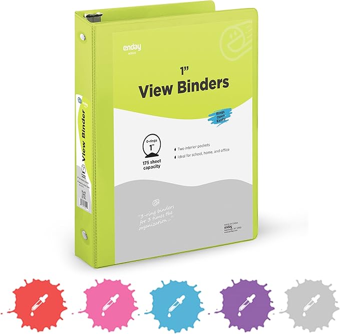 1 Inch 3 Ring Binder 1” Binder Green Clear View Cover with 2 Inside Pockets, Colored School Supplies Office and Home Binders – by Enday