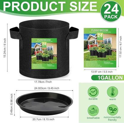 24 Sets 1 Gallon Grow Bag with Plant Saucers, Durable Aeration Fabric Pots with Handles Black Drainage Planter Bags Reusable Garden Bags Plastic Drip Trays Set for Indoor Outdoor