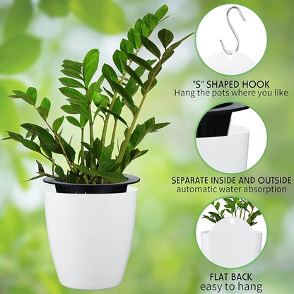 Yungyan 20 Sets 5" Self Watering Hanging Planter White Lazy Flower Pots Plastic Wall Propagation Window Wall Mount Planter with Hooks and Absorbent Cotton Ropes for Indoor Succulent Plants