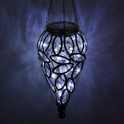 LEWIS&WAYNE Solar Hanging Lantern Outdoor Lights, Tear-Shaped 15 LEDs Cool White Hanging Lights with S Hooks Decor in Garden, Yard, Pathway, Front Door and Landscape