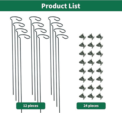 12 Pack Plant Support Stakes with 24 Pcs Plant Clips, Garden Single Stem Support Stake, Plant Cage Support Ring for Indoor Outdoor Flowers Rose Amaryllis Tomatoes Peony Lily Orchid (24 Inch)