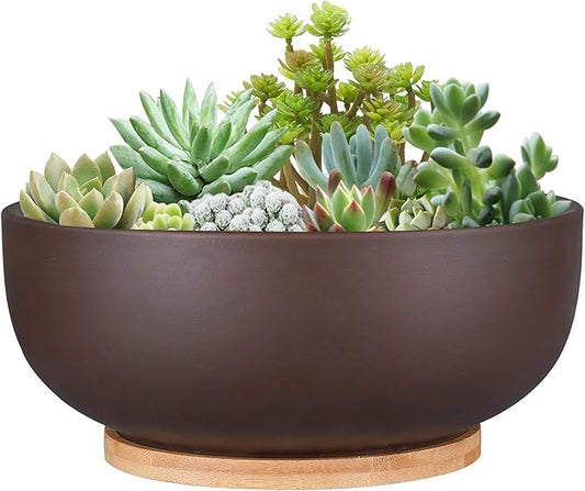 10 Inch Terracotta Planter, Large Succulent Bonsai Planter Pot with Drainage Hole and Bamboo Saucer for Indoor Plants, Brown