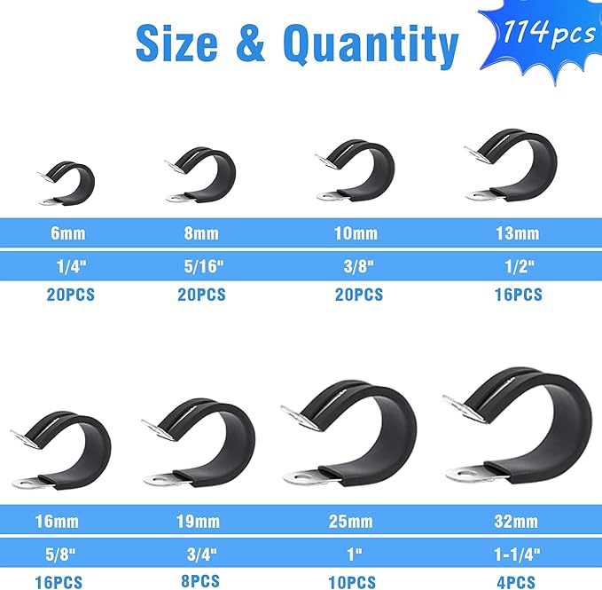 114PCS Cable Clamps Assortment Kit in 8 sizes 1/4" 5/16" 3/8" 1/2" 5/8" 3/4" 1" 1-1/4", 304 Stainless Steel Rubber Cushioned Insulated Loop Pipe Wire Clamps