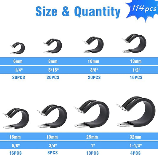 114PCS Cable Clamps Assortment Kit in 8 sizes 1/4" 5/16" 3/8" 1/2" 5/8" 3/4" 1" 1-1/4", 304 Stainless Steel Rubber Cushioned Insulated Loop Pipe Wire Clamps