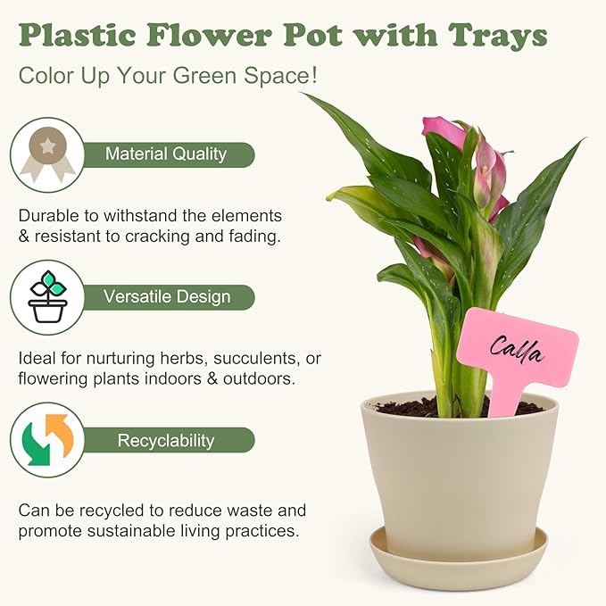 60 Pieces Plastic Planters 4 Inch Flower Pot with Trays Labels Multicolor Flower Plant Pots Plants Nursery Pots Flower Seedling Nursery Pots for Indoor Outdoor Plant, Herb, Succulent, 10 Color