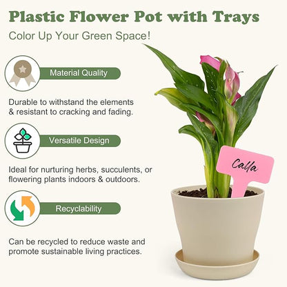 60 Pieces Plastic Planters 4 Inch Flower Pot with Trays Labels Multicolor Flower Plant Pots Plants Nursery Pots Flower Seedling Nursery Pots for Indoor Outdoor Plant, Herb, Succulent, 10 Color
