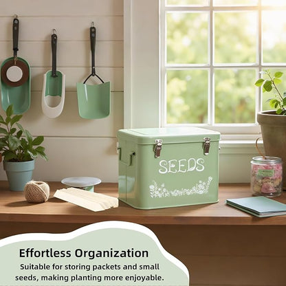 Seed Storage Organizer, Metal Seed Saving Box with Garden String and 10 Wood Plant Labels, 3 Compartment Seed Container Bin with Lid and Safety Locks, Perfect for Flower Plants Garden Lover