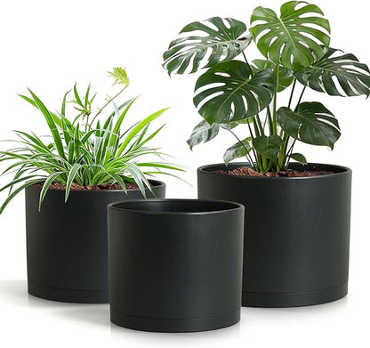 (3 Pack) 10 Inch Plant Pot with Drainage and Saucers, 10/9/8 Inch Plastic Plant Pots for Indoor Plants, Modern Round Planter Set for Flowers, Herbs, Garden Decor (Black)
