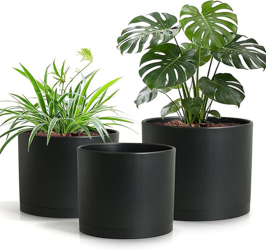 (3 Pack) 10 Inch Plant Pot with Drainage and Saucers, 10/9/8 Inch Plastic Plant Pots for Indoor Plants, Modern Round Planter Set for Flowers, Herbs, Garden Decor (Black)