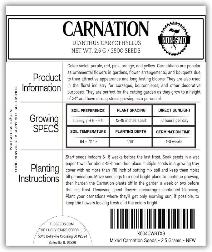 2500 Mixed Carnation Flower Seeds for Planting - AKA. Dianthus Caryophyllus Chabaud Mix Perennial