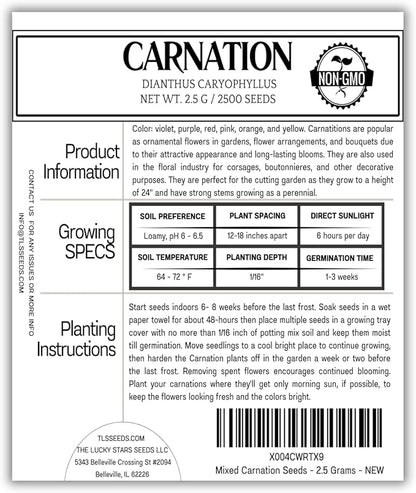 2500 Mixed Carnation Flower Seeds for Planting - AKA. Dianthus Caryophyllus Chabaud Mix Perennial