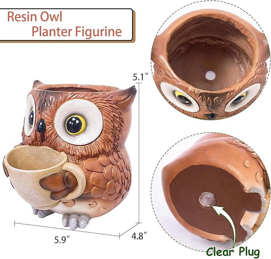 Unique Owl Plant Pots Indoor, Cute Small Succulent Pots with Drainage Hole, Watering Owl Planters for Indoor Outdoor Plants, Resin Flower Pot for String of Pearls, Gift Ideas for Mother