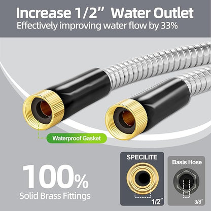 SPECILITE 10FT Short Garden Hose, 1/2" 304 Stainless Steel Leader Hose with Female to Female Brass Fittings, Flexible, Heavy-Duty & Never Kink, Water Pipe for Yard, Outdoor, Lawn