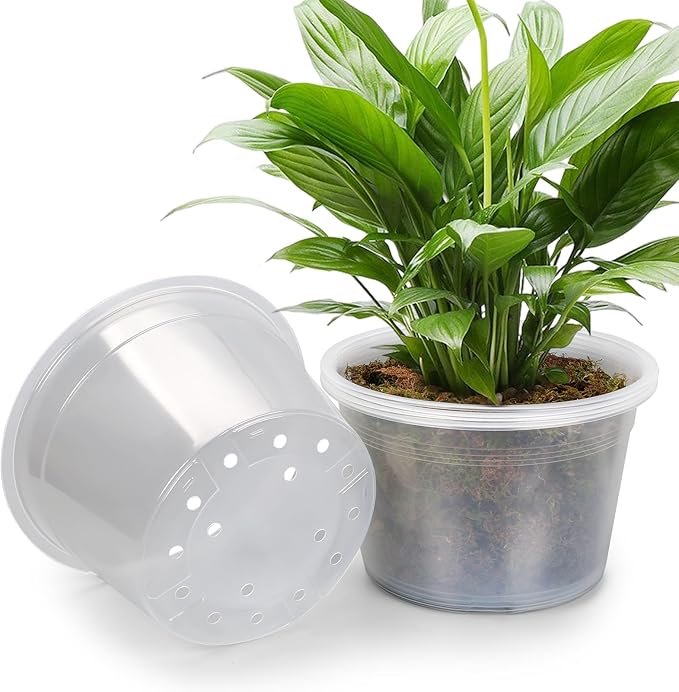 5 Pack 10 Inch Large Clear Nursery Pots with Drainage Hole, Plastic Plant Pots for Seedlings Flowers Vegetablesb, Indoor Outdoor Gardening (10 inch)