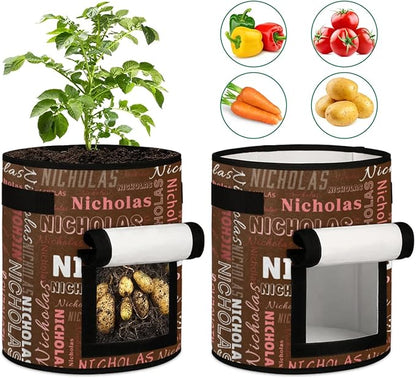 Custom Name Grow Bags 10 Gallon Personalized Breathable Potato Growing Bag with Flap Harvest Window and Handles Garden Planting Bag for Tomato Vegetable Fruits 2 Pack Chocolate Color