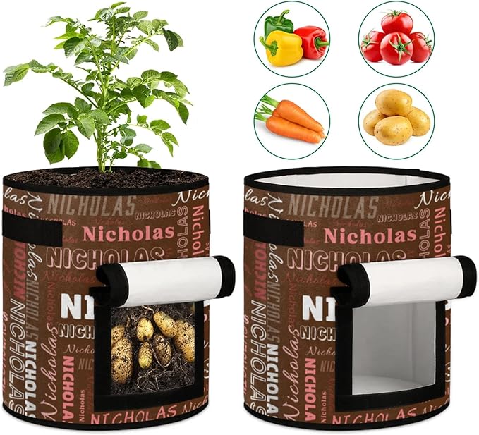 Custom Name Grow Bags 7 Gallon Personalized Breathable Potato Growing Bag with Flap Harvest Window and Handles Garden Planting Bag for Tomato Vegetable Fruits 2 Pack Chocolate Color