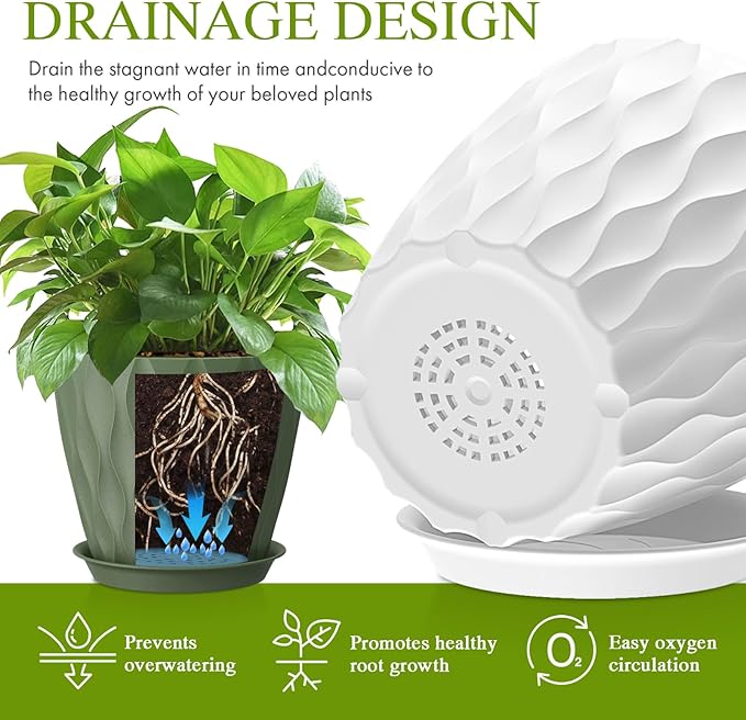 Plastic Plant 8 Inch, 4 Pack with Drainage Holes & Saucers, Water Wave Decorative Plant Pots for Indoor Outdoor Plants, Patio, Garden, Home Decor (4, Colorful)