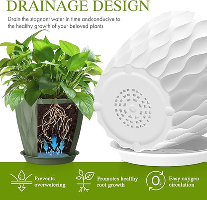Plastic Plant 8 Inch, 4 Pack with Drainage Holes & Saucers, Water Wave Decorative Plant Pots for Indoor Outdoor Plants, Patio, Garden, Home Decor (4, Colorful)