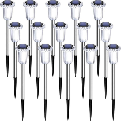 DenicMic Solar Lights Outdoor 15 Pack Waterproof 6000K Cold White LED Stainless Steel Stake Outside Lights for Yard Pathway Garden Driveway Walkway Landscape Path Lighting