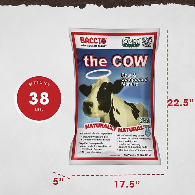 Michigan Peat Baccto 1640 Wholly Cow Horticultural Compost and Manure for Soil Amendment, Lawn Care, Garden Beds, and More, 40 Quart Bag (6 Pack)