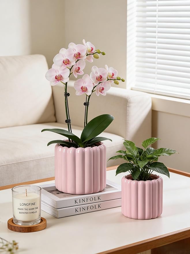 Ceramic Plant Pots,6 inch+4.7 Inch Planter Pot with Drainage Holes,Ceramic Planters for Indoor Plants,Modern Flower Pots for Indoor Outdoor Plants House & Office Décor,Pink