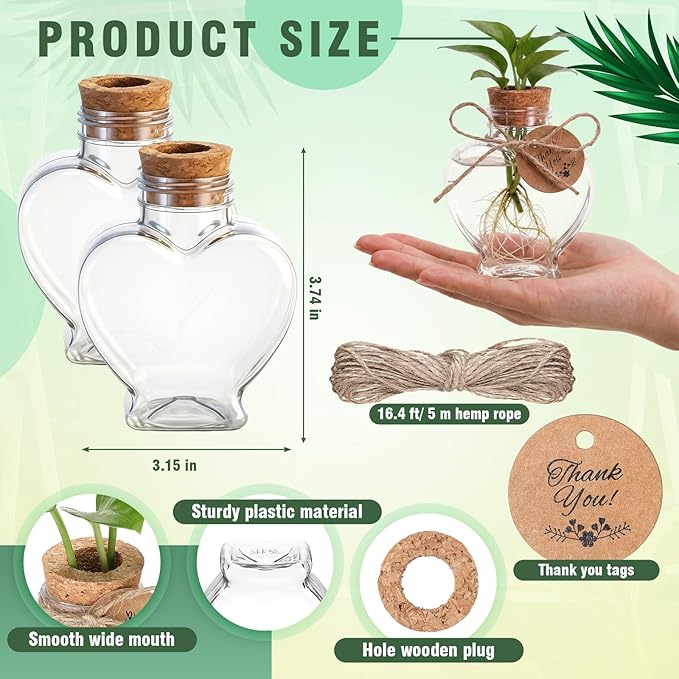 Baderke 24 Pack 3.74'' Plastic Plant Propagation Stations with Hole Lid 5oz Planter Vase Clear Propagation Jars with Thank You Tags for Plant Lover Gifts for Women Office Home Garden