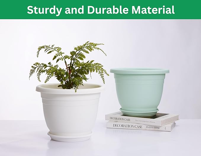 5 Packs 14 inch Flower Pots + Saucer, Planters for Indoor & Outdoor Plants with Drainage Holes | Plastic Flower Pots, Large Planter (White, 14 inch)