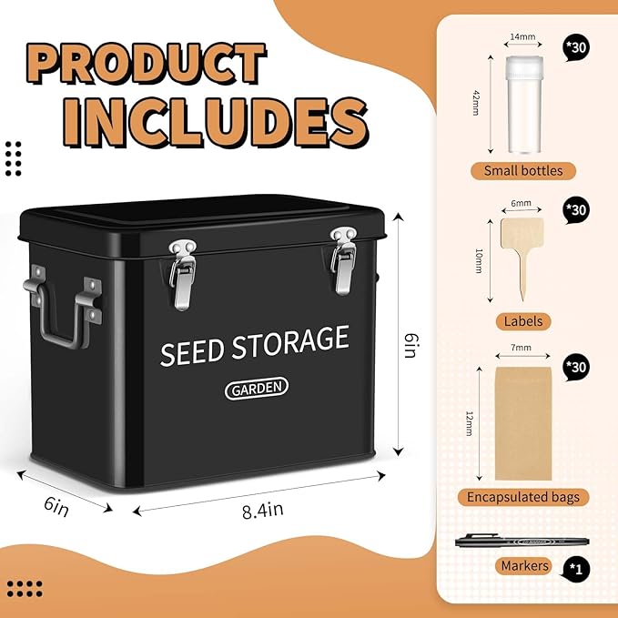 Blulu 85 Pcs Seed Storage Organizer 3 Compartment 30 Slot Metal Seed Saving Box with Lid and Lock with 1 Marker Pen, 20 Plant Labels, 30 Envelopes, 30 Bottles, Stickers for Garden Flower Plant(Black)