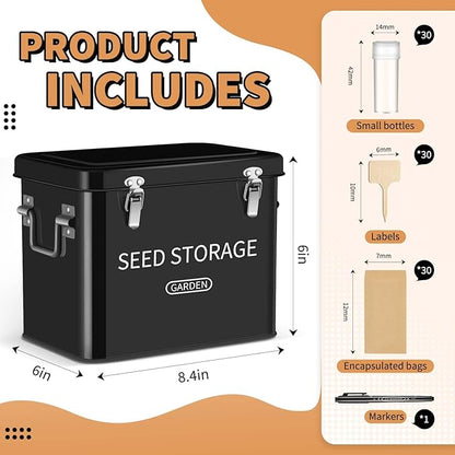 Blulu 85 Pcs Seed Storage Organizer 3 Compartment 30 Slot Metal Seed Saving Box with Lid and Lock with 1 Marker Pen, 20 Plant Labels, 30 Envelopes, 30 Bottles, Stickers for Garden Flower Plant(Black)