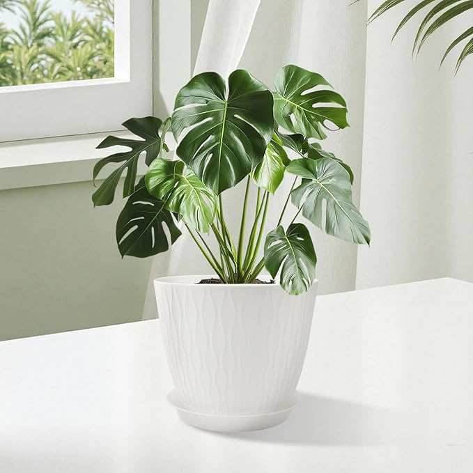 8/7/6 inch Plant Pots, 3 Pack Flower Pots for Outdoor Indoor Garden Plants, Large Planters with Multi Mesh Drainage Holes and Saucer (White, 8"+7"+6")