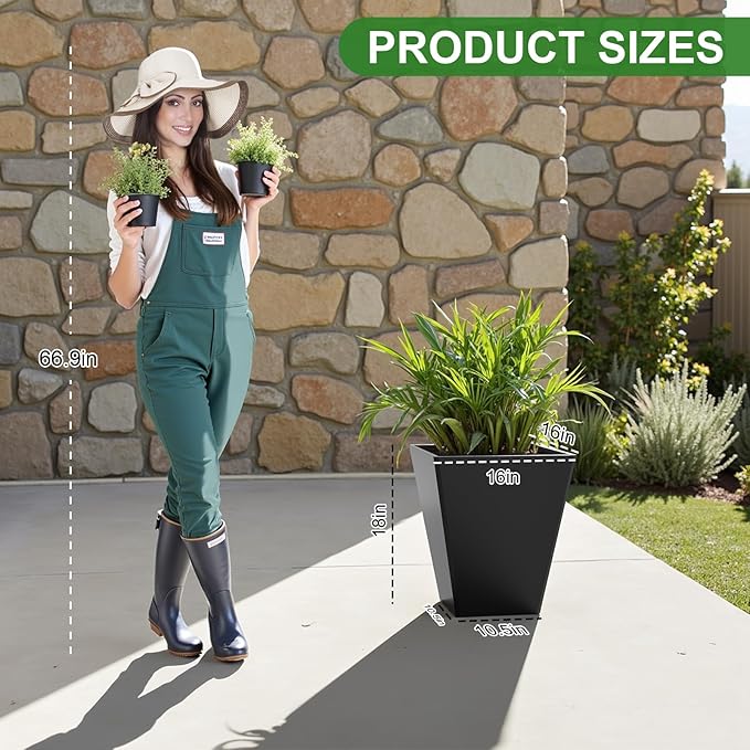 Large Tall Planter for Outdoor Plants,18" Plant Pots Outdoor,Black Tall Planter with Drainage Hole for Front Porch,Patio, Backyard