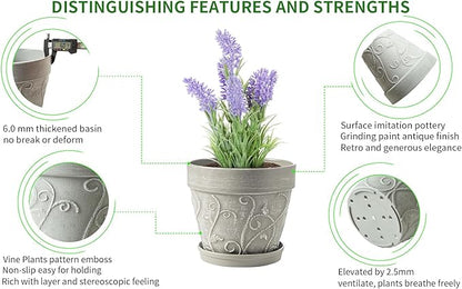 Melphoe Plant Pots Indoor with Drainage & Saucer, 2Pack 7 inch Flower Pots Outdoor Planters for Indoor Plants Garden Home Decor Cactus Succulent, Rigid Plastic (Imitation-Terracotta) Vine-Embossed