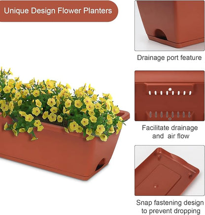 HOXHA Window Box Planter, 6 Pack 17inch Plastic Vegetable Flower Planter Boxes with Tray, Indoor Outdoor Flower Pots for Windowsill, Patio, Porch, Garden Balcony, Brick Red