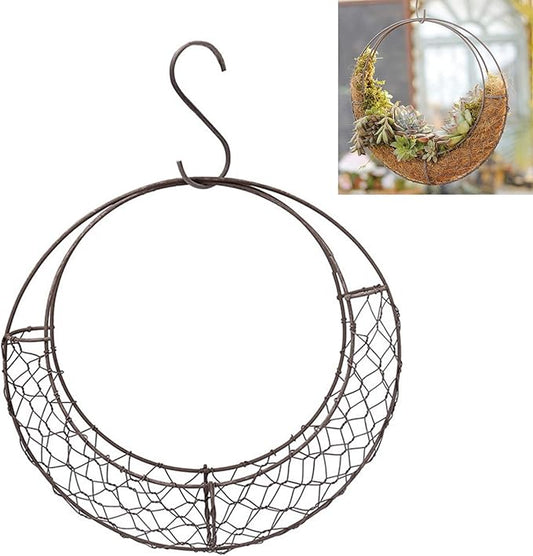 Firlar Round Wire Wreath Frame, Moon Shaped Metal Hanging Planter Plant Holder Flower Hanging Basket, Succulent Pot Decor Basket, Hanging Flower Stand Hanging Wall Plant Holder