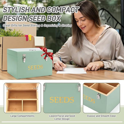 Professional-Designed Bamboo Seed Storage Box with Built-in Hygrometer, Double-Layer Airtight Lid and Safety Lock, Temperature-Stable Wooden Seed Organizer for Preservation, Great Gifts for Gardener
