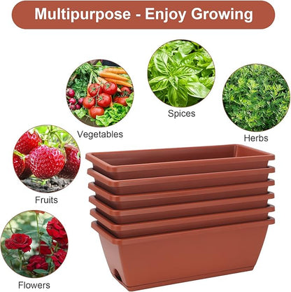 HOXHA Window Box Planter, 6 Pack 17inch Plastic Vegetable Flower Planter Boxes with Tray, Indoor Outdoor Flower Pots for Windowsill, Patio, Porch, Garden Balcony, Brick Red