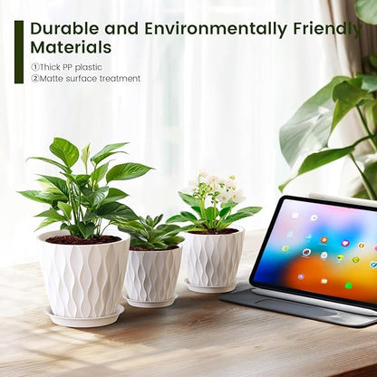 7/6.5/6/5.5/5/4.5/4 inch Plant Pots for Indoor Outdoor Plants, 7 Pack Thick Flower Pots with Drainage Holes and Saucers, Modern Wave Texture Plastic Planter Pots for Nursery, Succulent, White