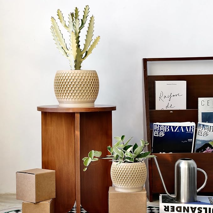 Plant Pots, Modern 3D Printed Honeycomb Planters for Indoor Plants, 4.7/6 Inch Wood Decorative Flower Pot for Office Desktop, Bookshelf & Home Decor, Lightweight & Durable